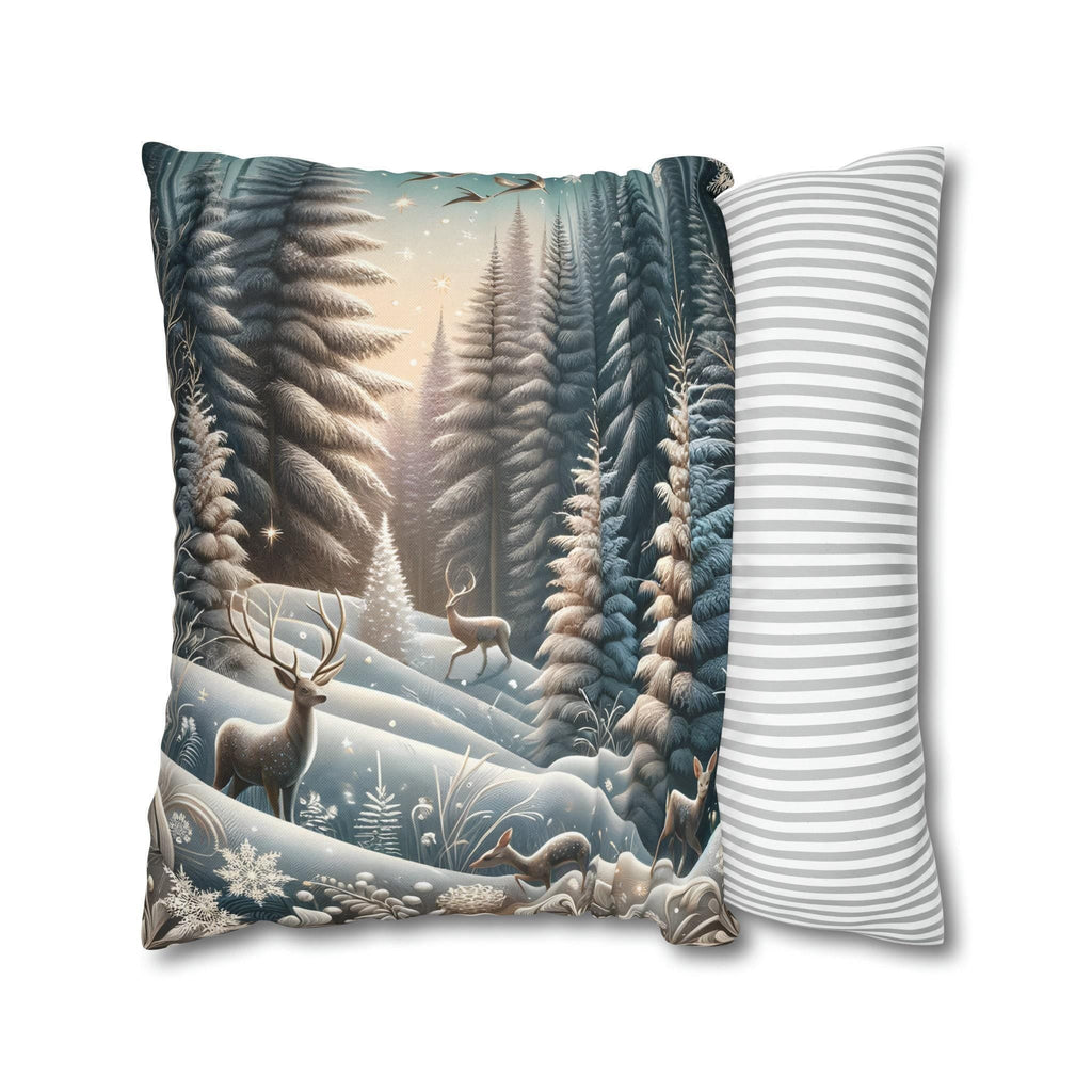Elegant Winter Forest Pillow Cover: 3D-Rendered Snowy Scene with Wildlife for Festive Home Decor