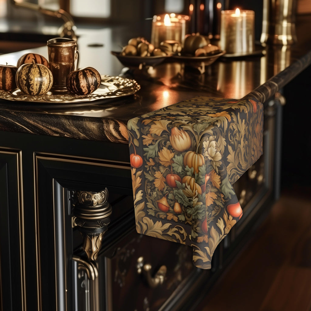 William Morris Inspired Autumn Harvest Tea Towel: Charcoal Amber Olive