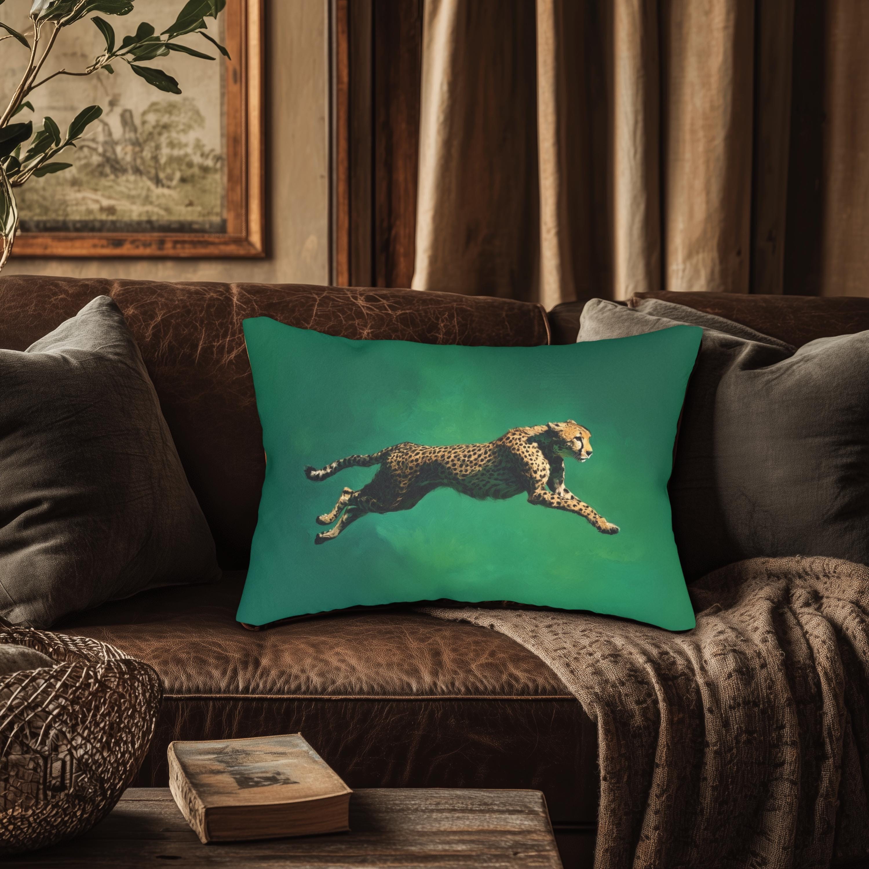 Emerald Sprint Lumbar Pillow: Leaping Cheetah on Jewel-Tone Green