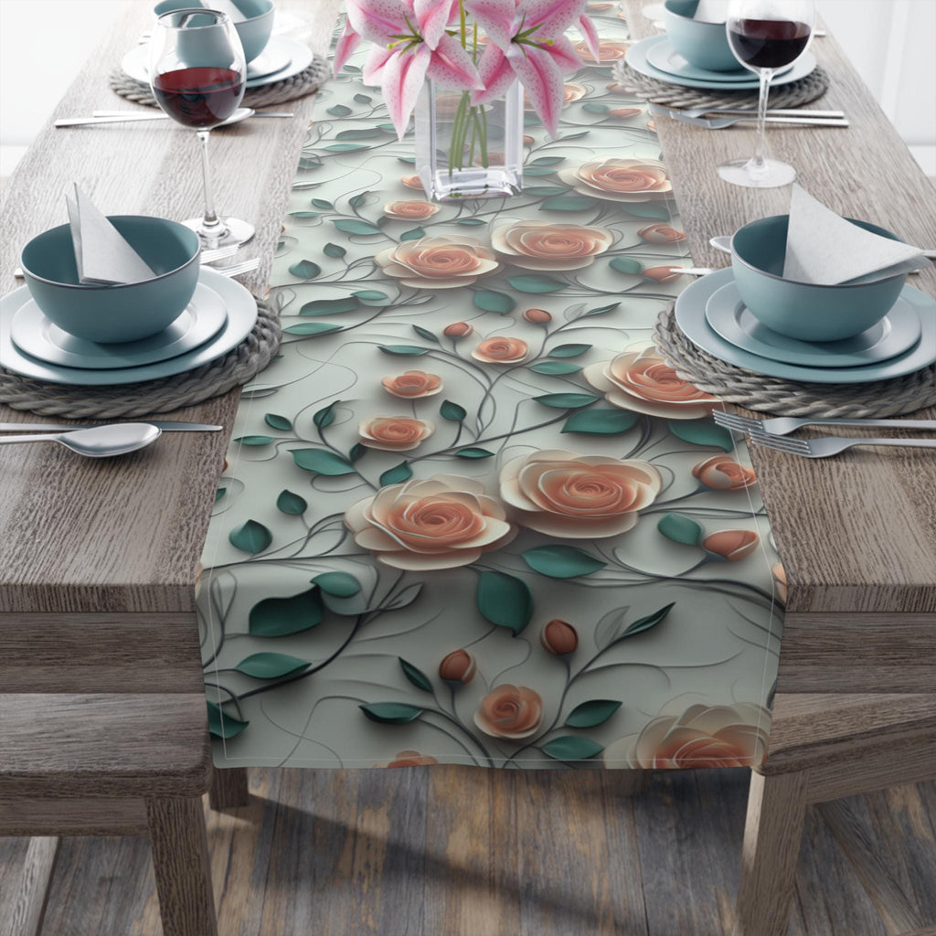 Red Coral Rose Table Runner: Romantic Floral Dining Decor