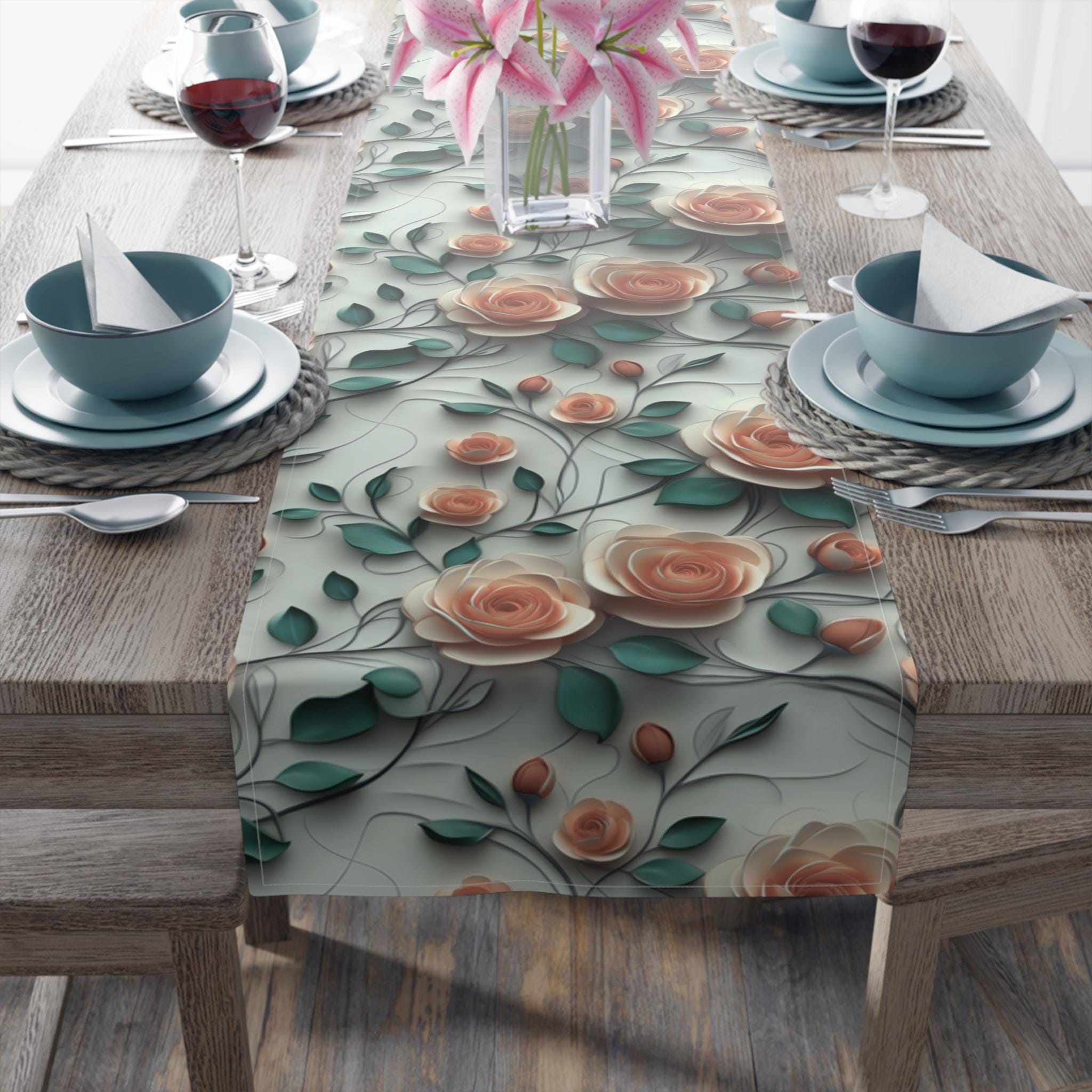 Red Coral Rose Table Runner: Romantic Floral Dining Decor
