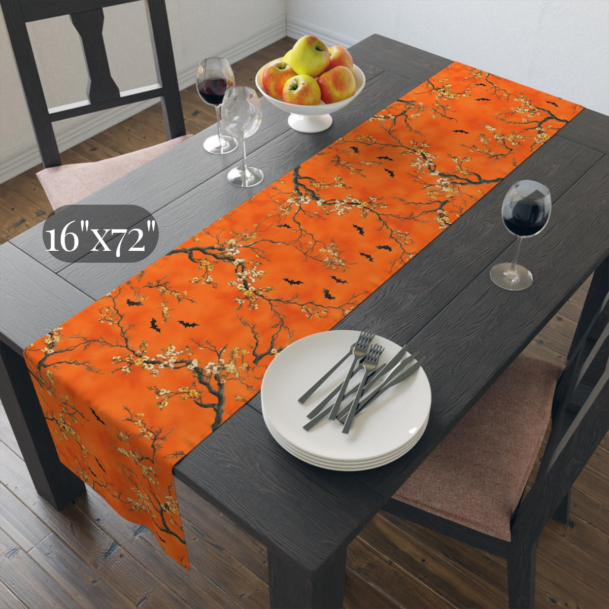 Halloween Chinoiserie Table Runner: Bright Orange with Bats and Blossoms  Decor