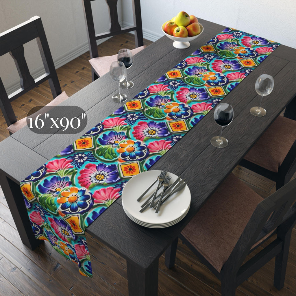 Mexican Table Runner: Botanical Folk Art on Aqua Background