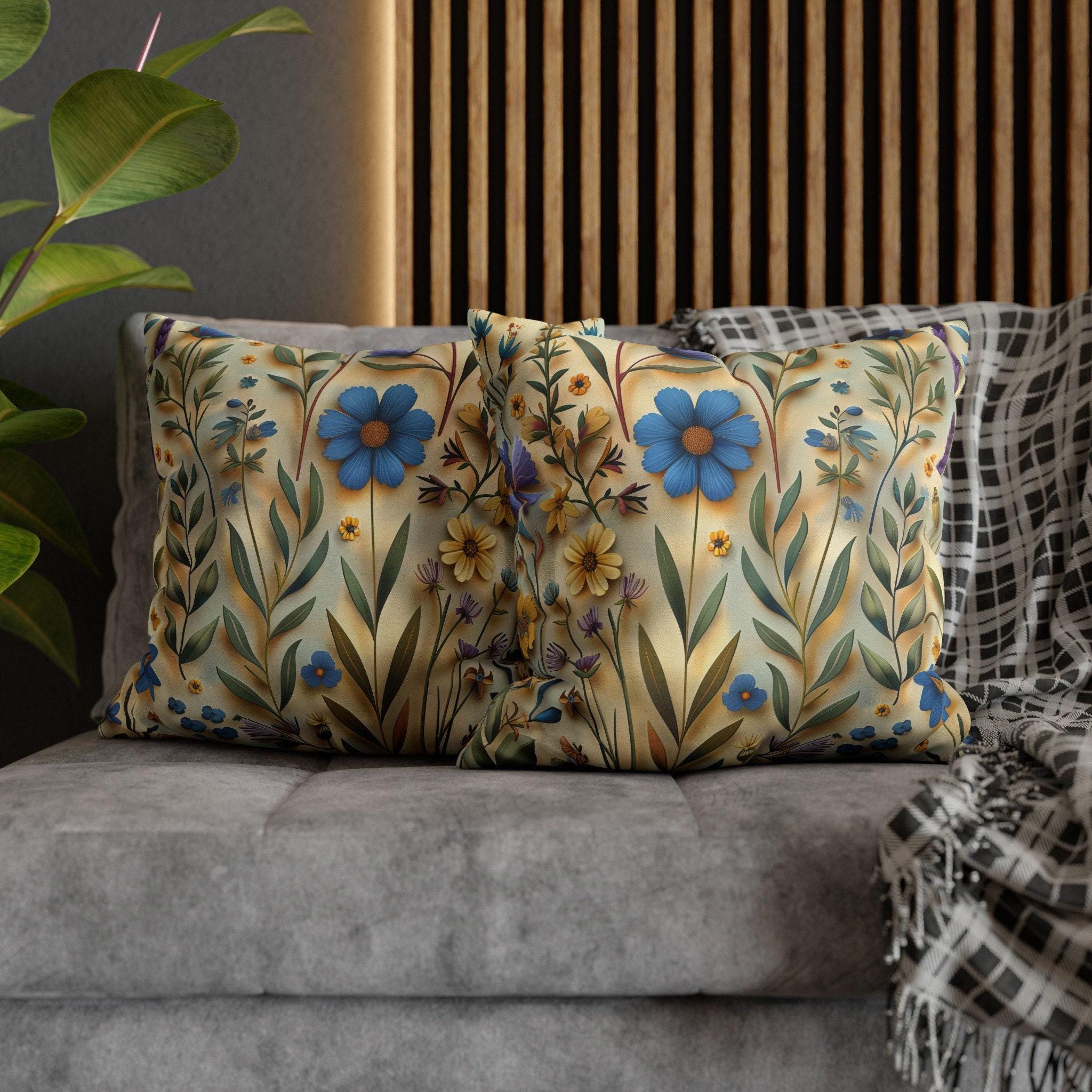 Elegant Cottagecore Wildflower Pillow Cover: Blue, Yellow & Green Floral on Beige - Housewarming Gift