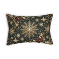 Poinsettia Christmas Lumbar Pillow: Golden Snowflakes, Emerald Green