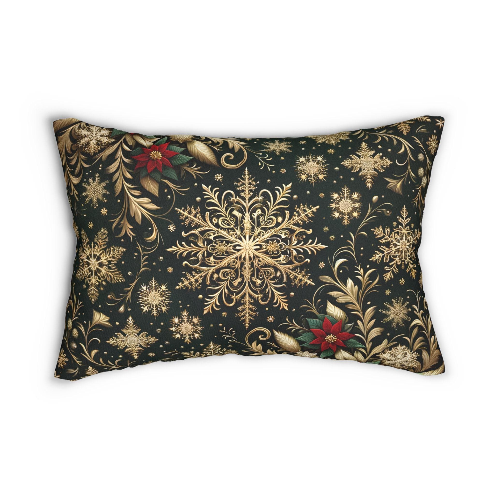 Poinsettia Christmas Lumbar Pillow: Golden Snowflakes, Emerald Green