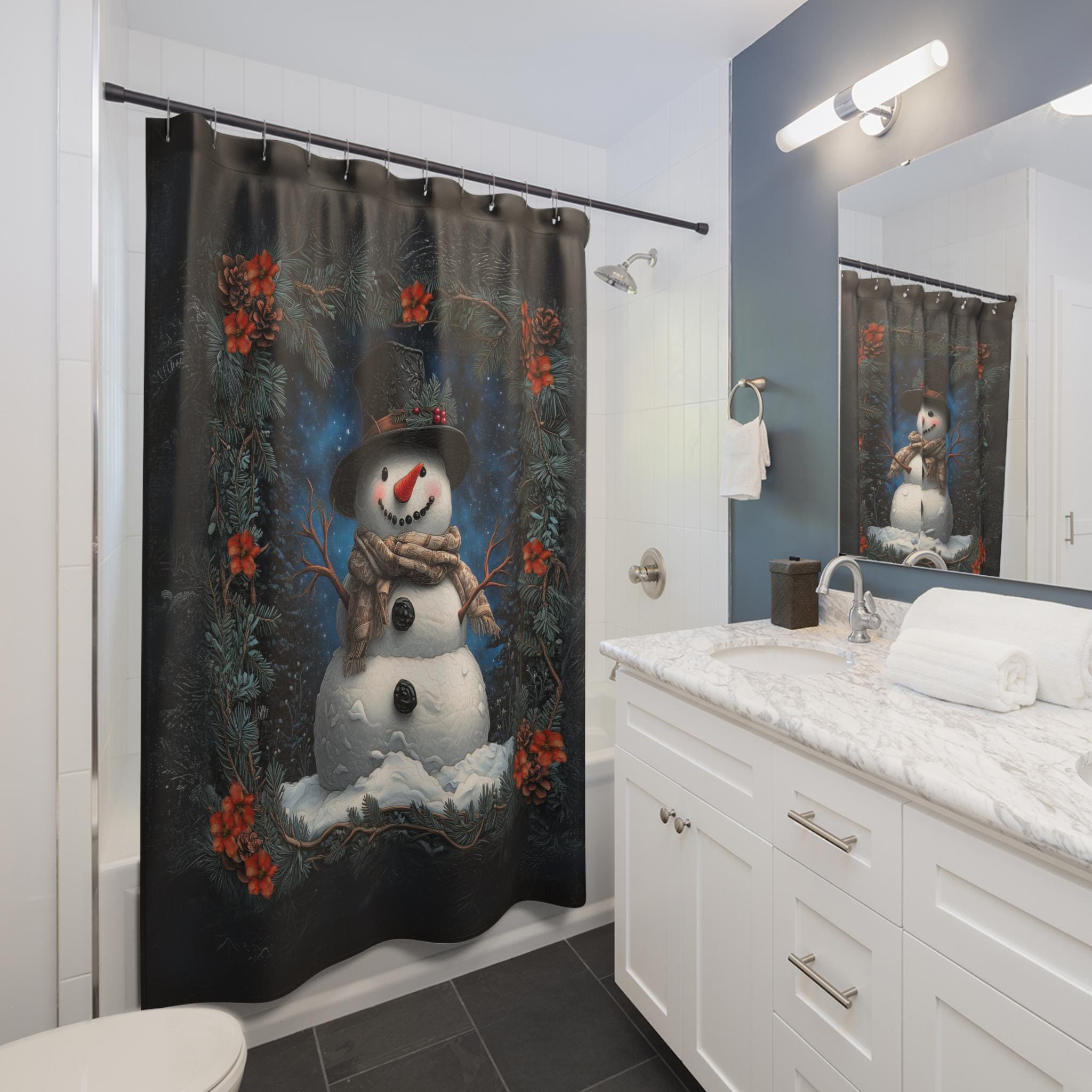 William Morris Inspired Snowman Shower Curtain: Christmas Winter Bath Decor