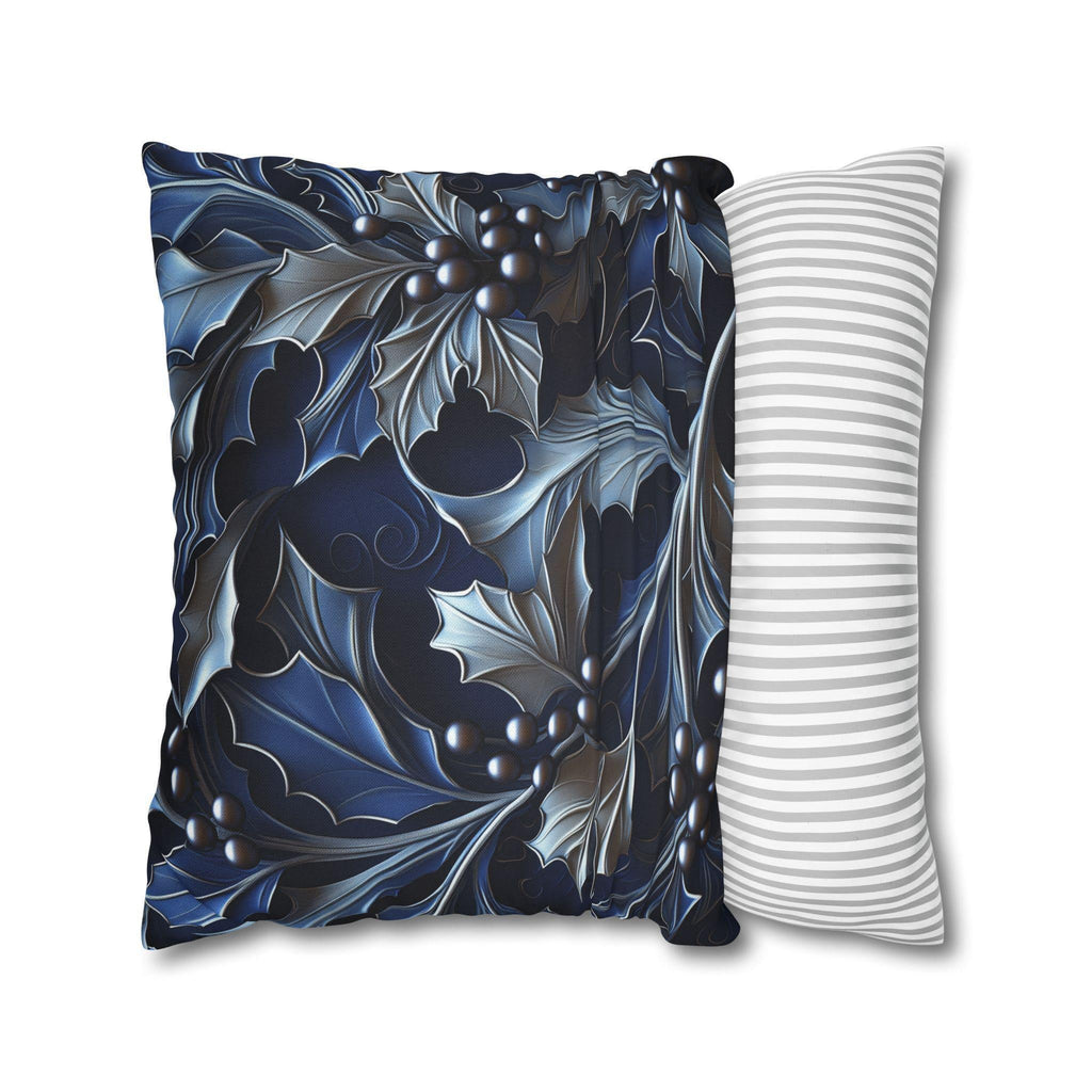 Elegant Silver & Blue Holly Leaf Christmas Pillow Cover - Moody Contemporary Holiday Decor