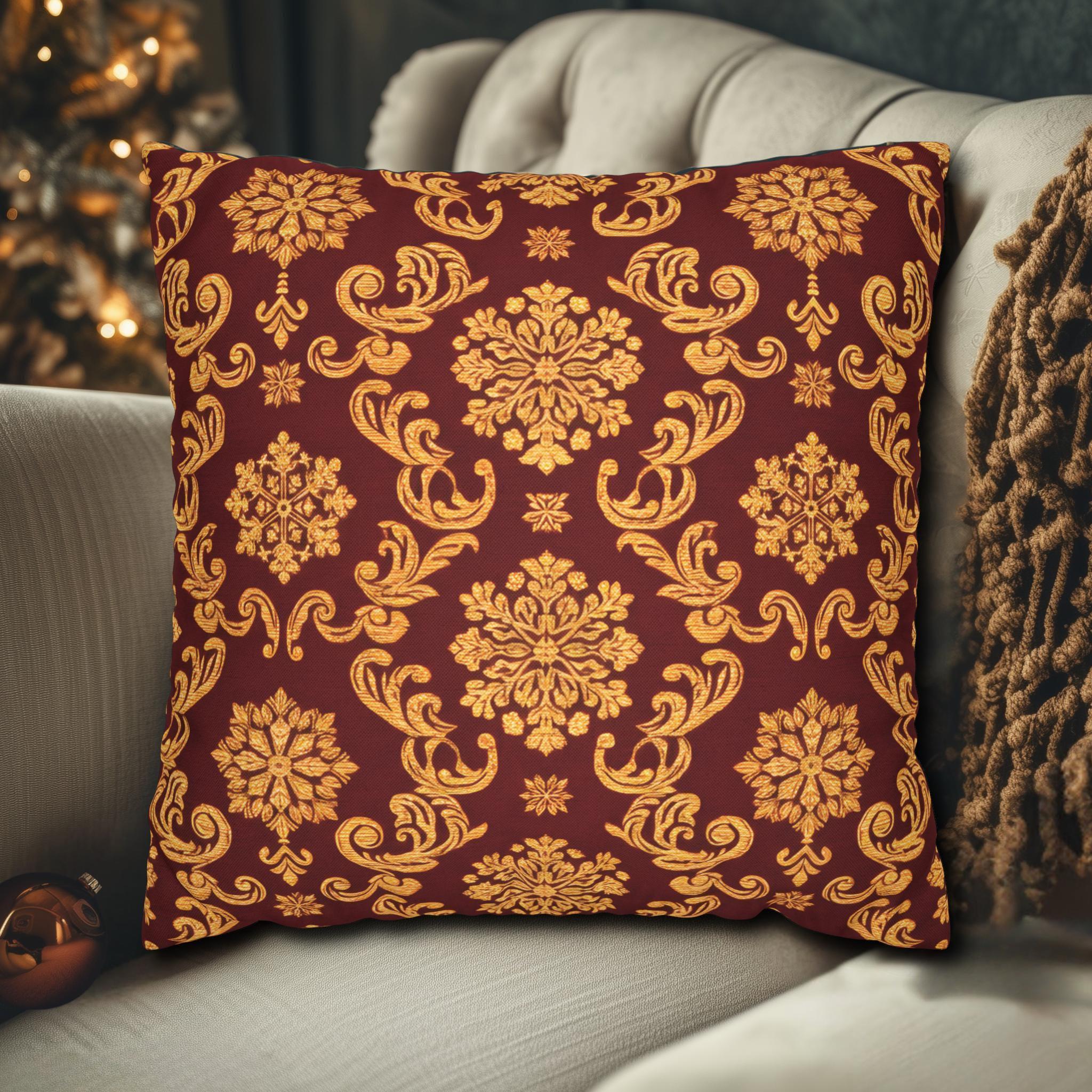 Elegant Golden Snowflake Pillow Cover: Deep Red Regal Holiday Accent