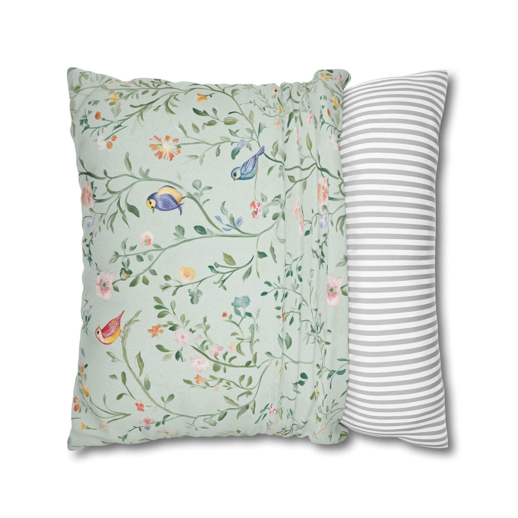 Chinoiserie Bird Cushion Cover: Mint Green Floral Pillow for Whimsical Garden-Inspired Home Decor