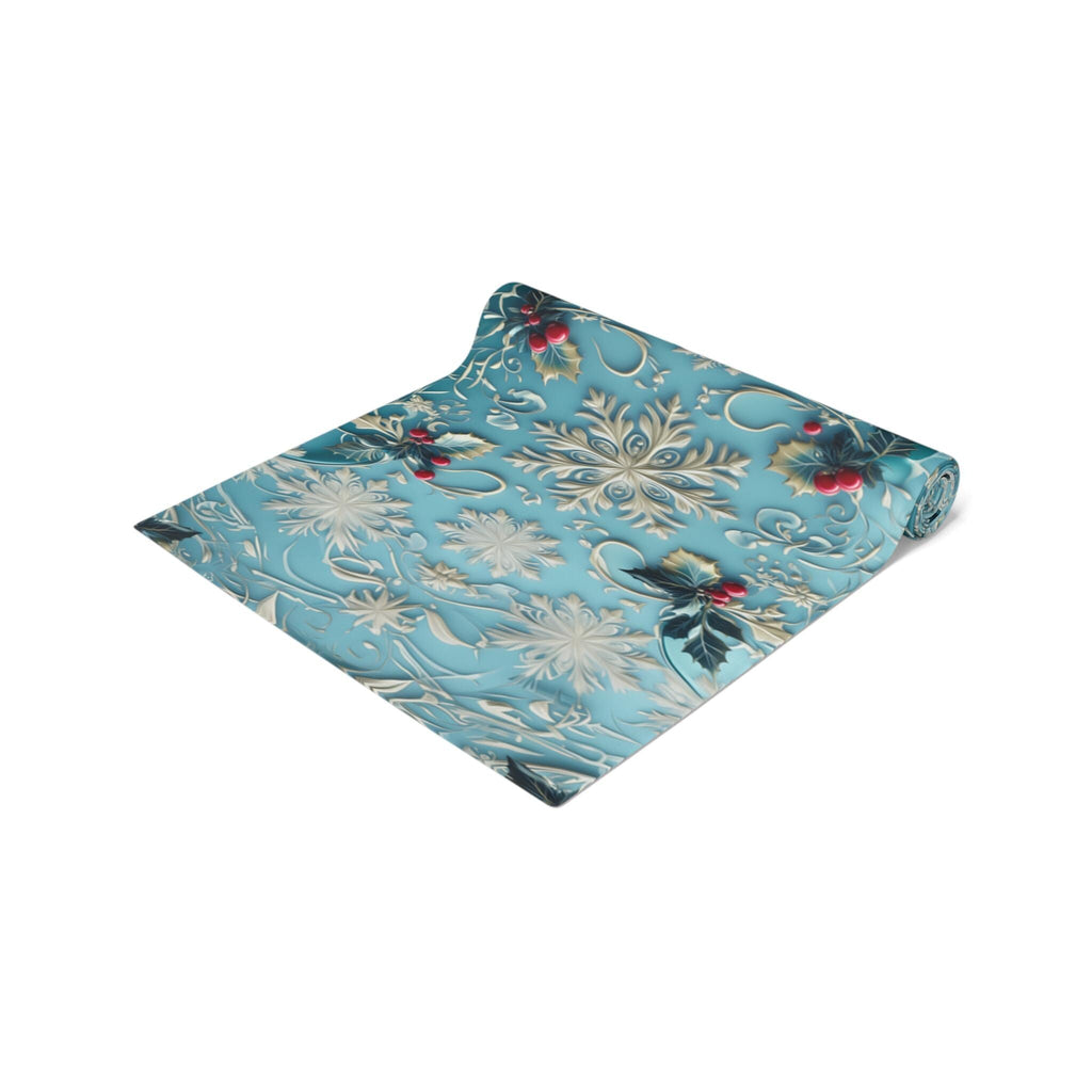 Elegant Blue Christmas Table Runner with Snowflakes, Holly Leaves, and Berries for Festive Dining