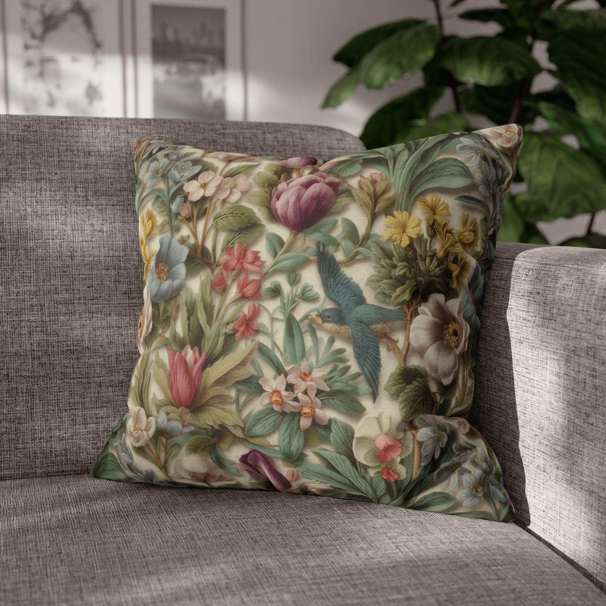 Stylized Botanical Pillow Cover: Floral & Songbird Garden in Soft Pastels