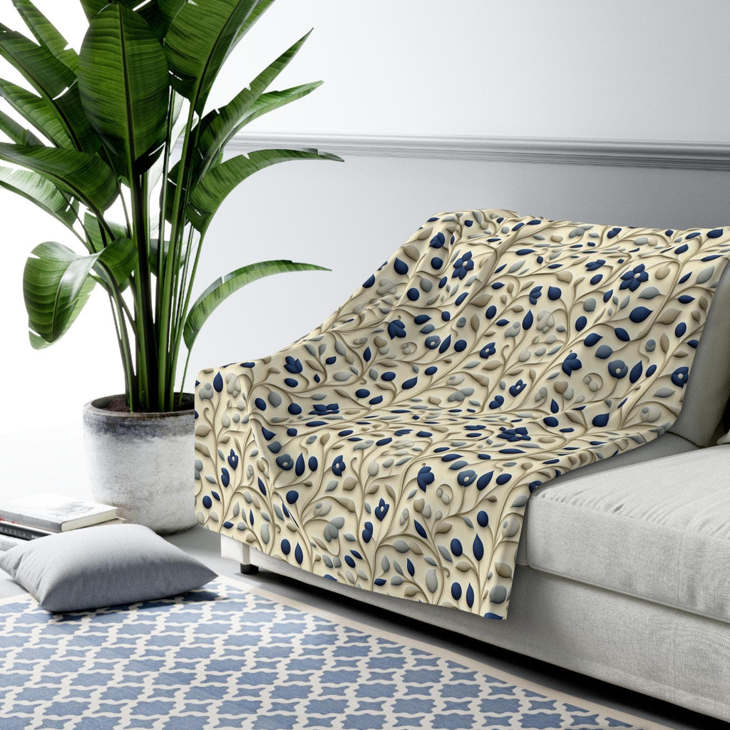 William Morris Fleece Throw: Navy Botanical Arts and Crafts Blanket