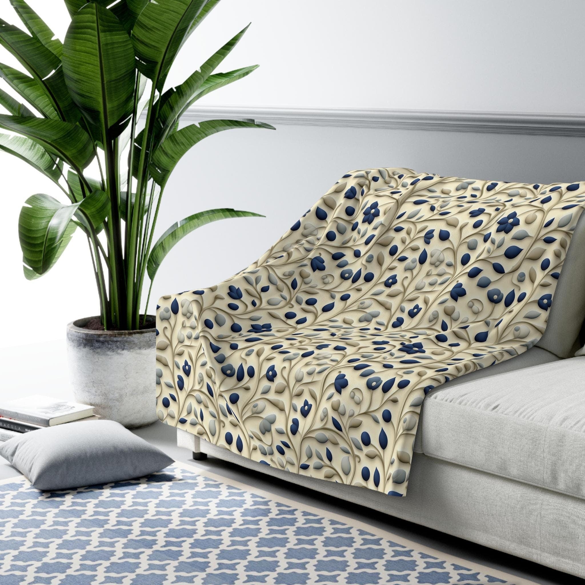 William Morris Fleece Throw: Navy Botanical Arts and Crafts Blanket