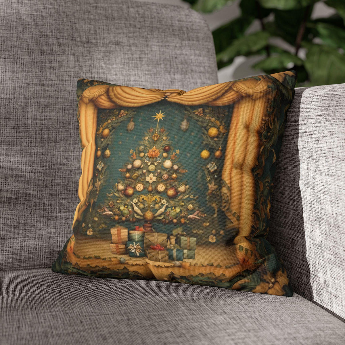 Vintage Art Nouveau Christmas Pillow Cover: Theatrical Tree, Golden Curtains, and Wrapped Gifts