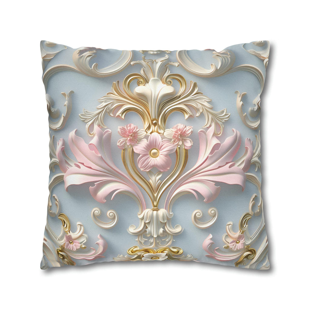 Rococo Pillow Cover: Pink Acanthus, Gold Motif, Blue-Grey Cushion