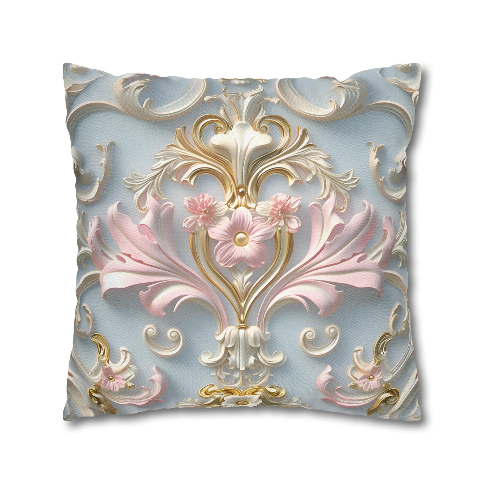 Rococo Pillow Cover: Pink Acanthus, Gold Motif, Blue-Grey Cushion