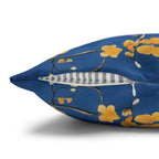 Royal Blue Chinoiserie Pillow Cover: Elegant Asian-Inspired Cushion with Yellow Blossoms and Birds