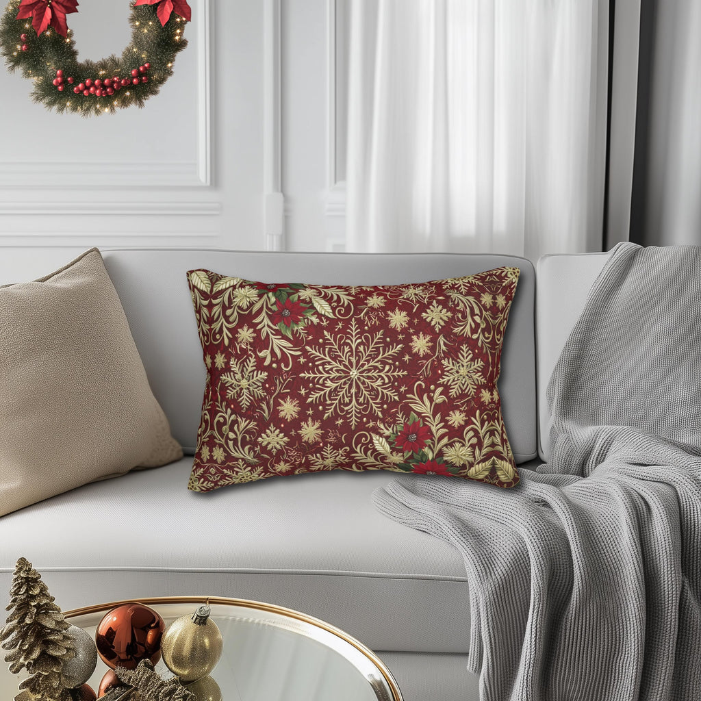 Christmas Snowflake Lumbar Pillow: Crimson Red Antique Gold with Deep Green Accents