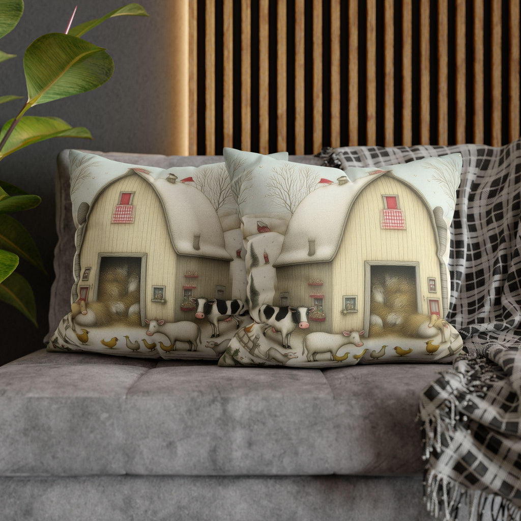 Farmhouse Christmas Barn Pillow Cover: Vintage Style Winter Country Scene