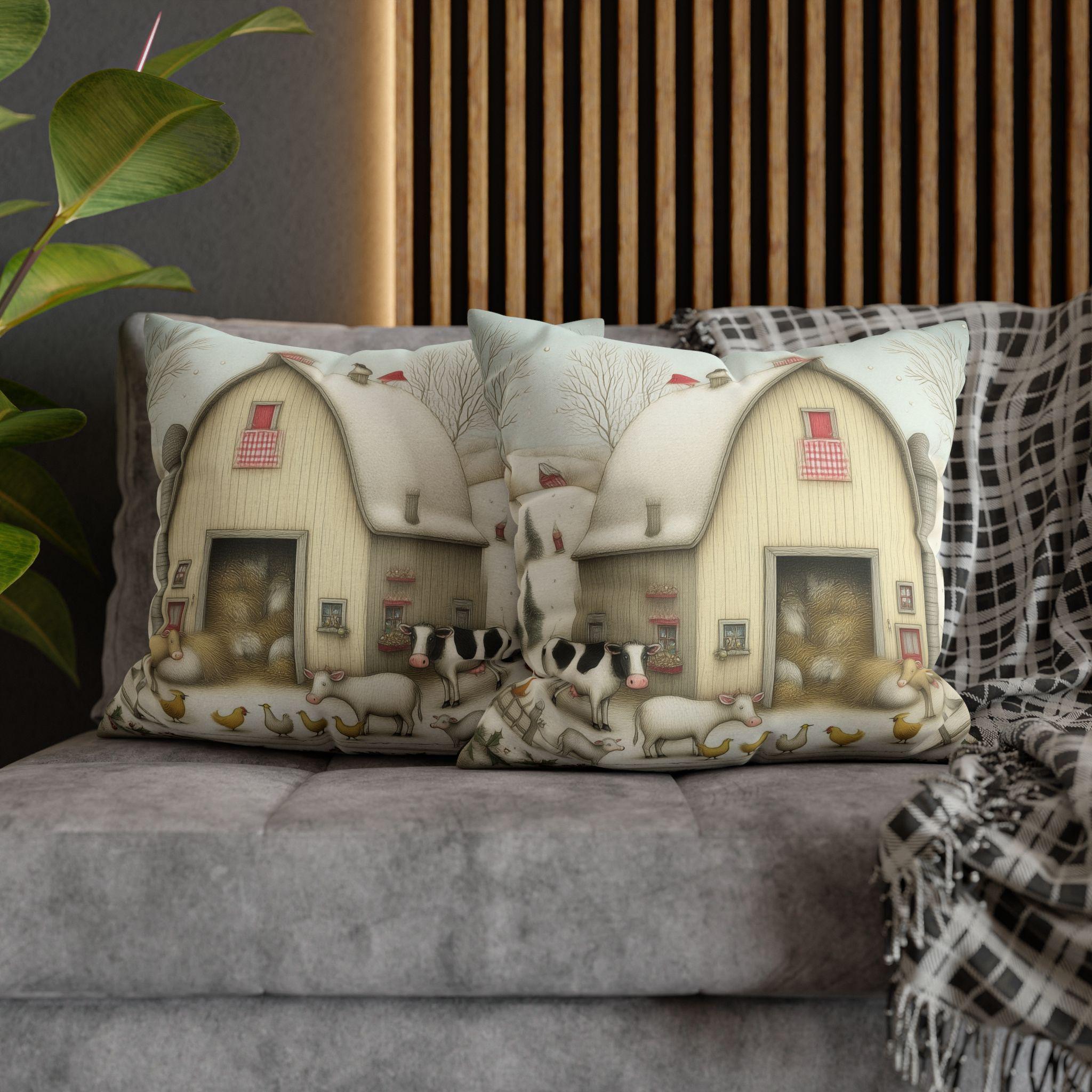 Farmhouse Christmas Barn Pillow Cover: Vintage Style Winter Country Scene