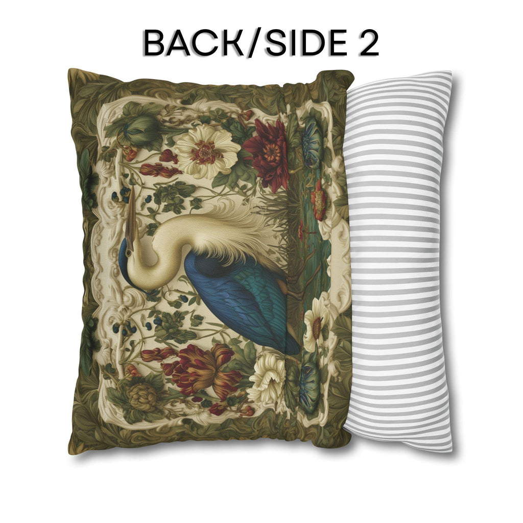 William Morris Style Heron Pillow Cover: Botanical Marsh Floral Art