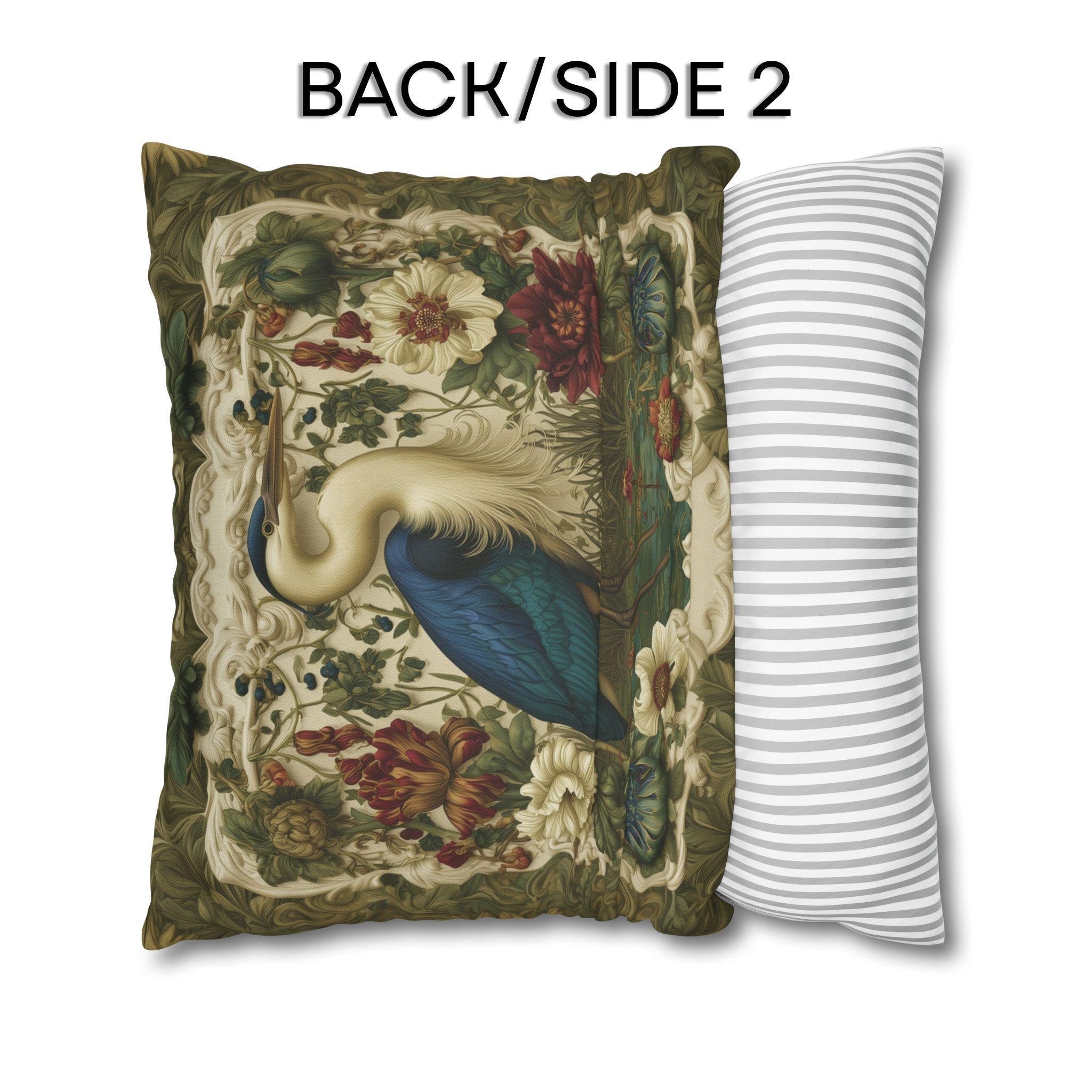 William Morris Style Heron Pillow Cover: Botanical Marsh Floral Art