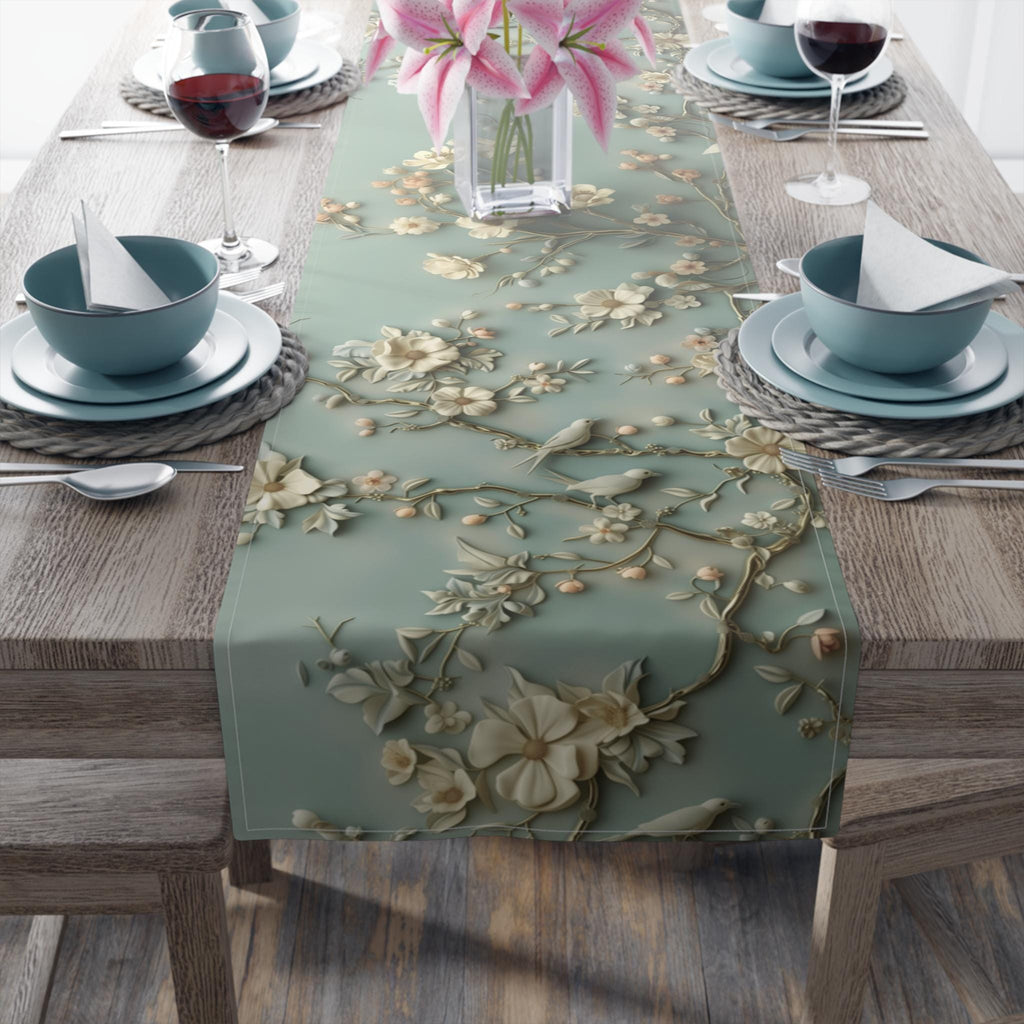 Elegant Chinoiserie Table Runner: Pastel Blue-Green Birds & Blossoms, 3D Floral Dining Decor
