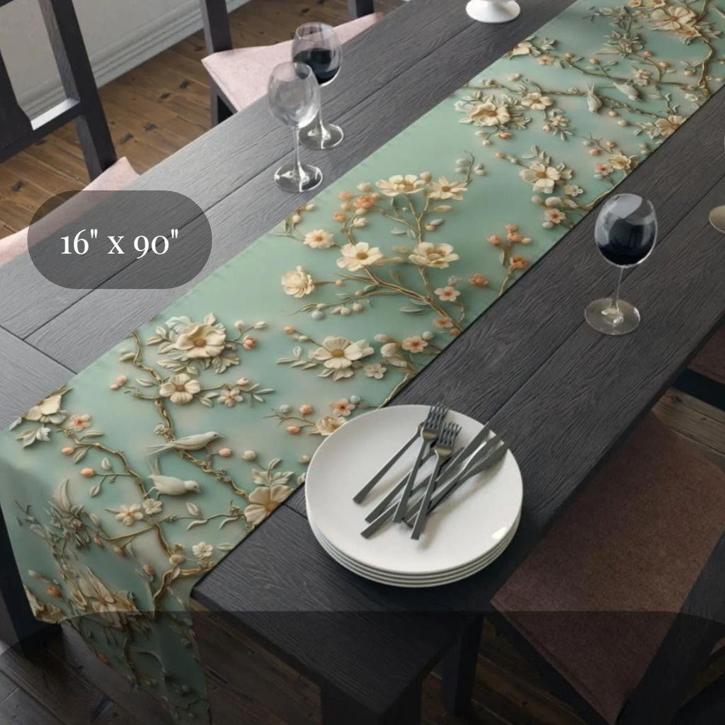 Elegant Chinoiserie Table Runner: Pastel Blue-Green Birds & Blossoms, 3D Floral Dining Decor