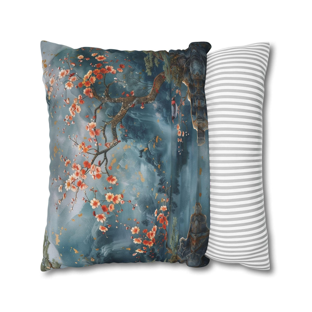 Chinoiserie Watercolor Pillow Cover: Misty Mountain Landscape with Blossoms and Bird Scene