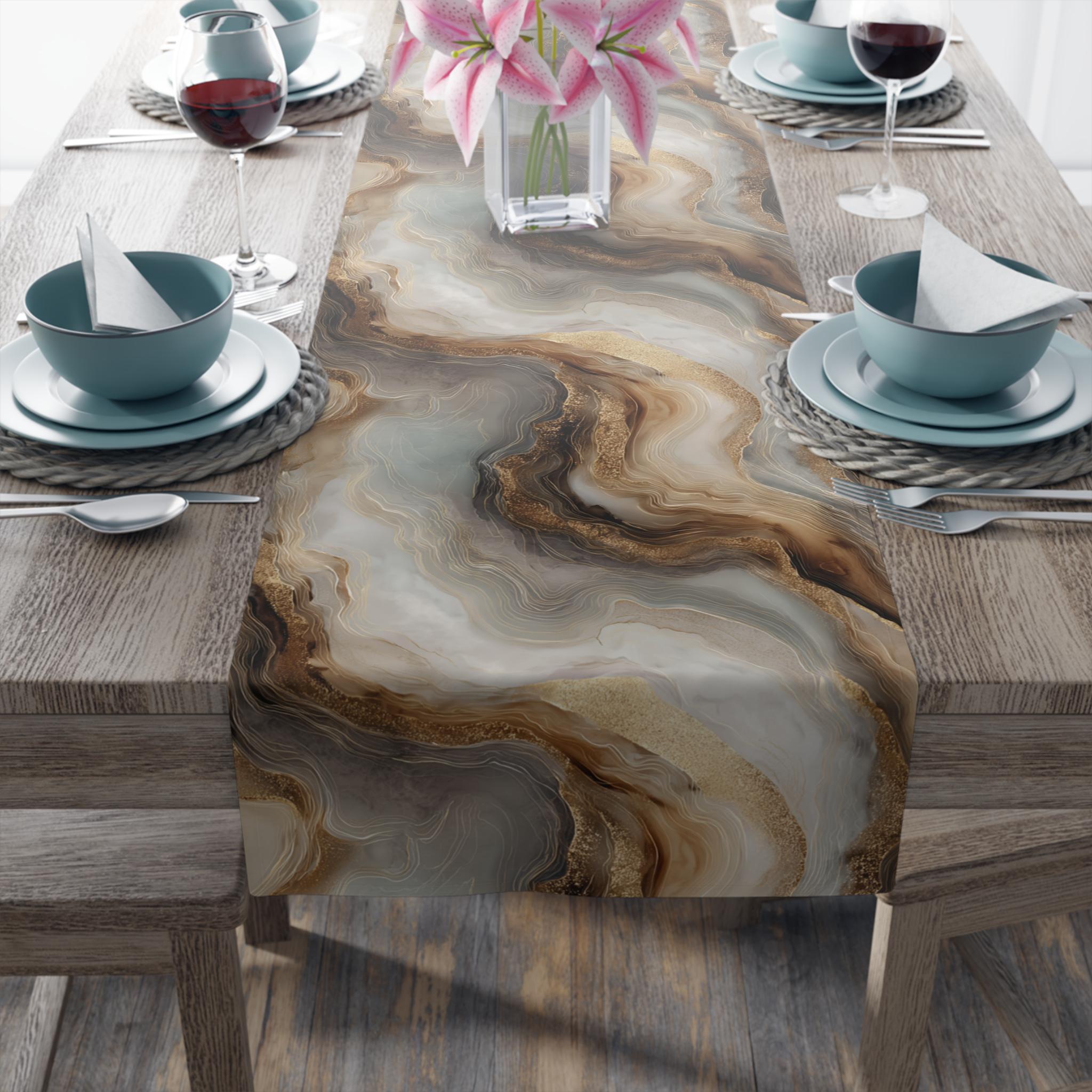 Modern Abstract Table Runner: Brown Marble Look with Gold Color Accents