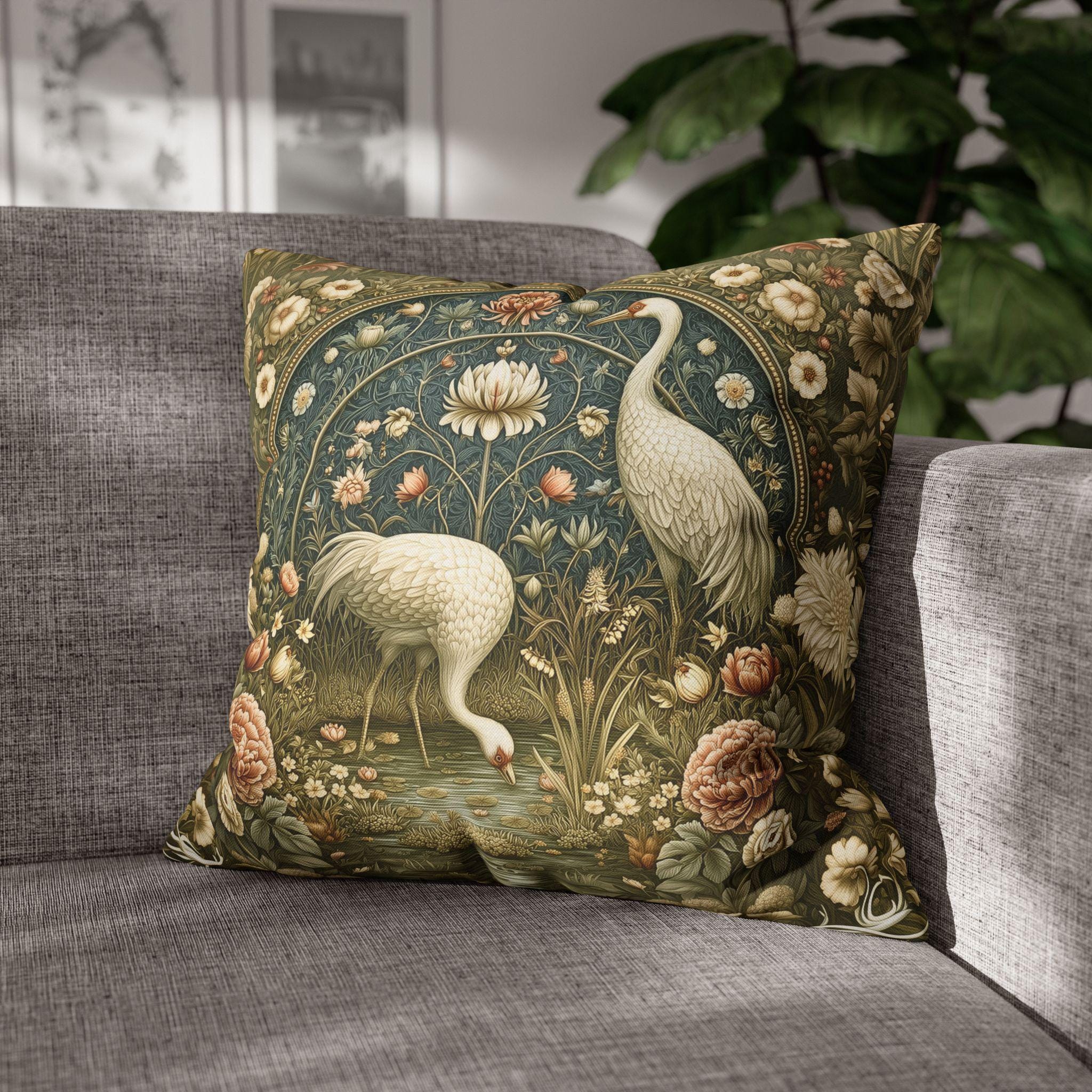 William Morris Style Throw Pillow Cover: Cranes and Marsh Botanicals
