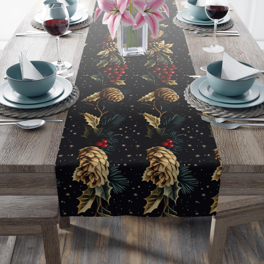 Pinecone & Holly Table Runner: William Morris Inspired Gold and Red Holiday Decor