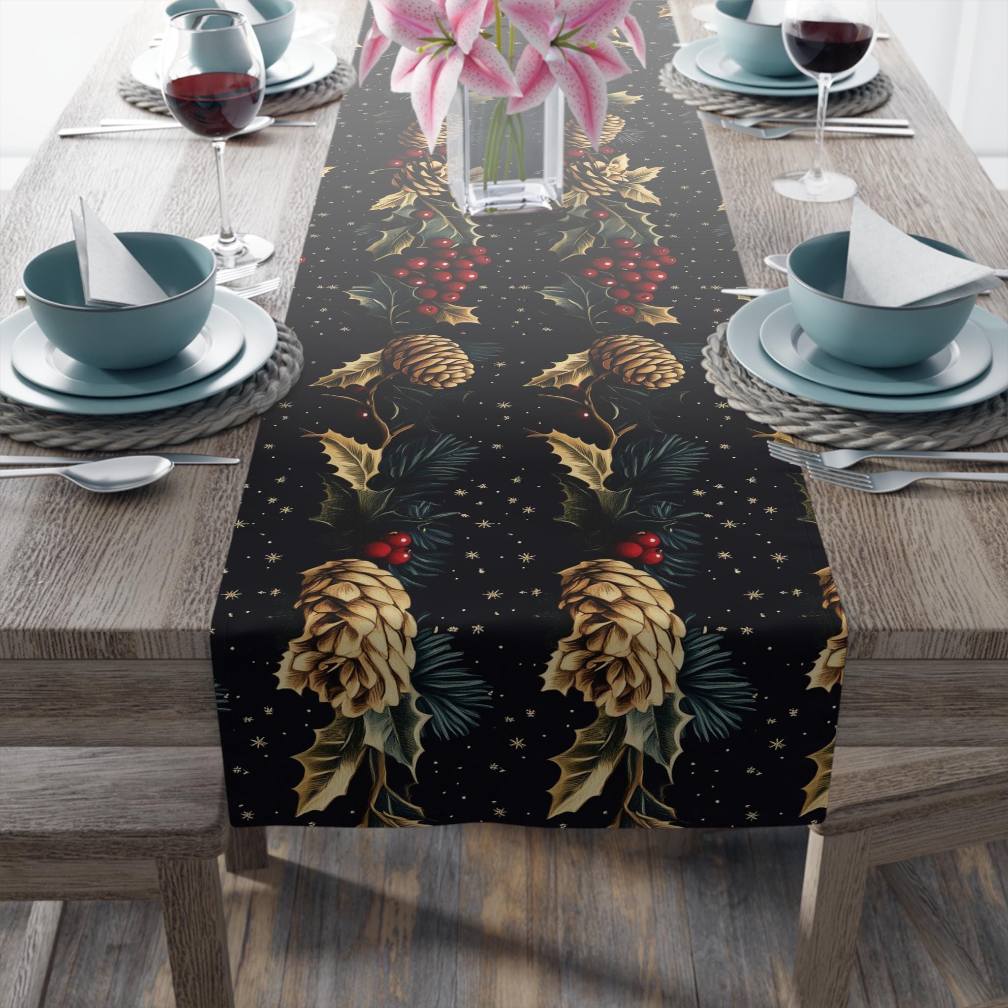 Pinecone & Holly Table Runner: William Morris Inspired Gold and Red Holiday Decor