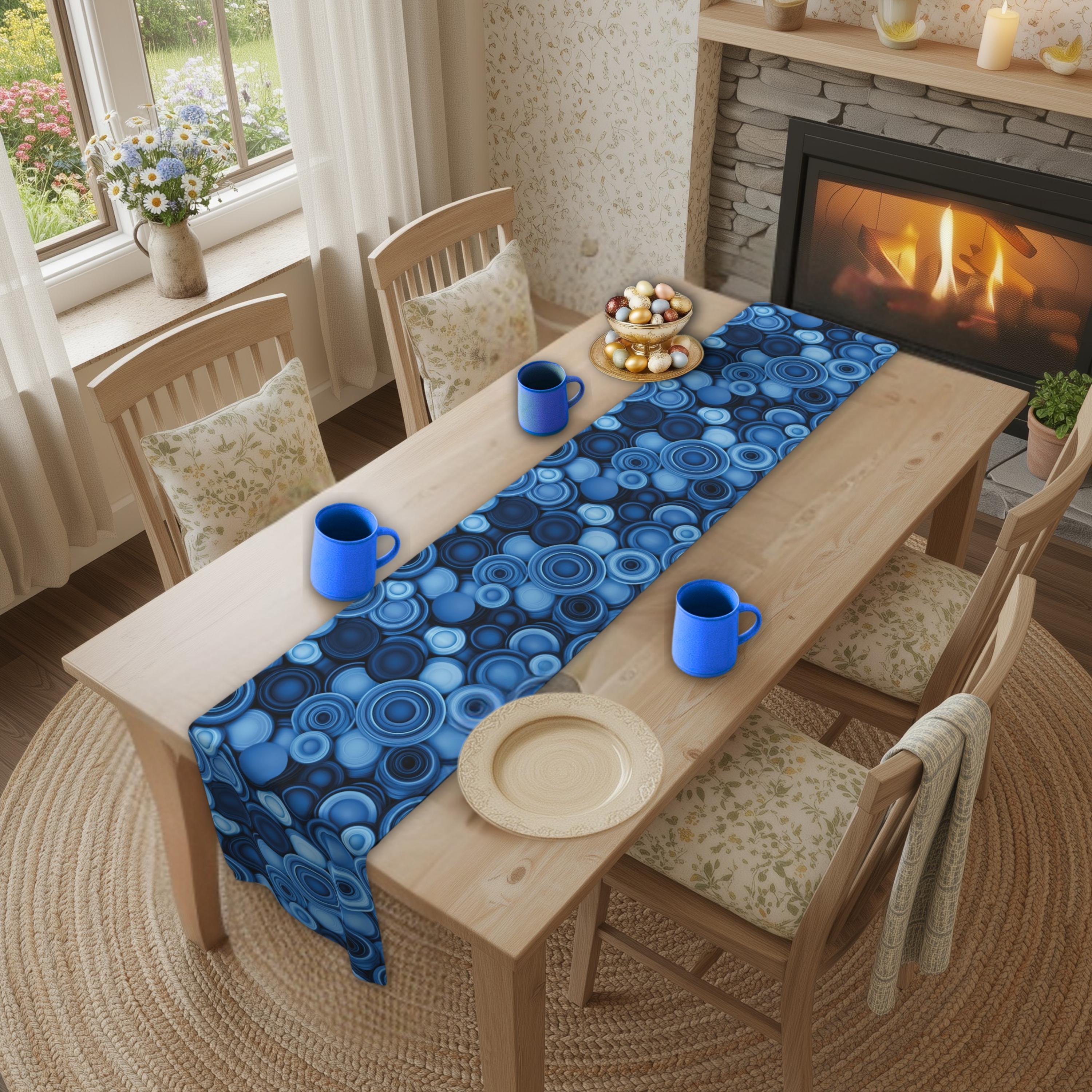 Retro Modern Blue Geometric Table Runner: Mid Century Circle Pattern Decor