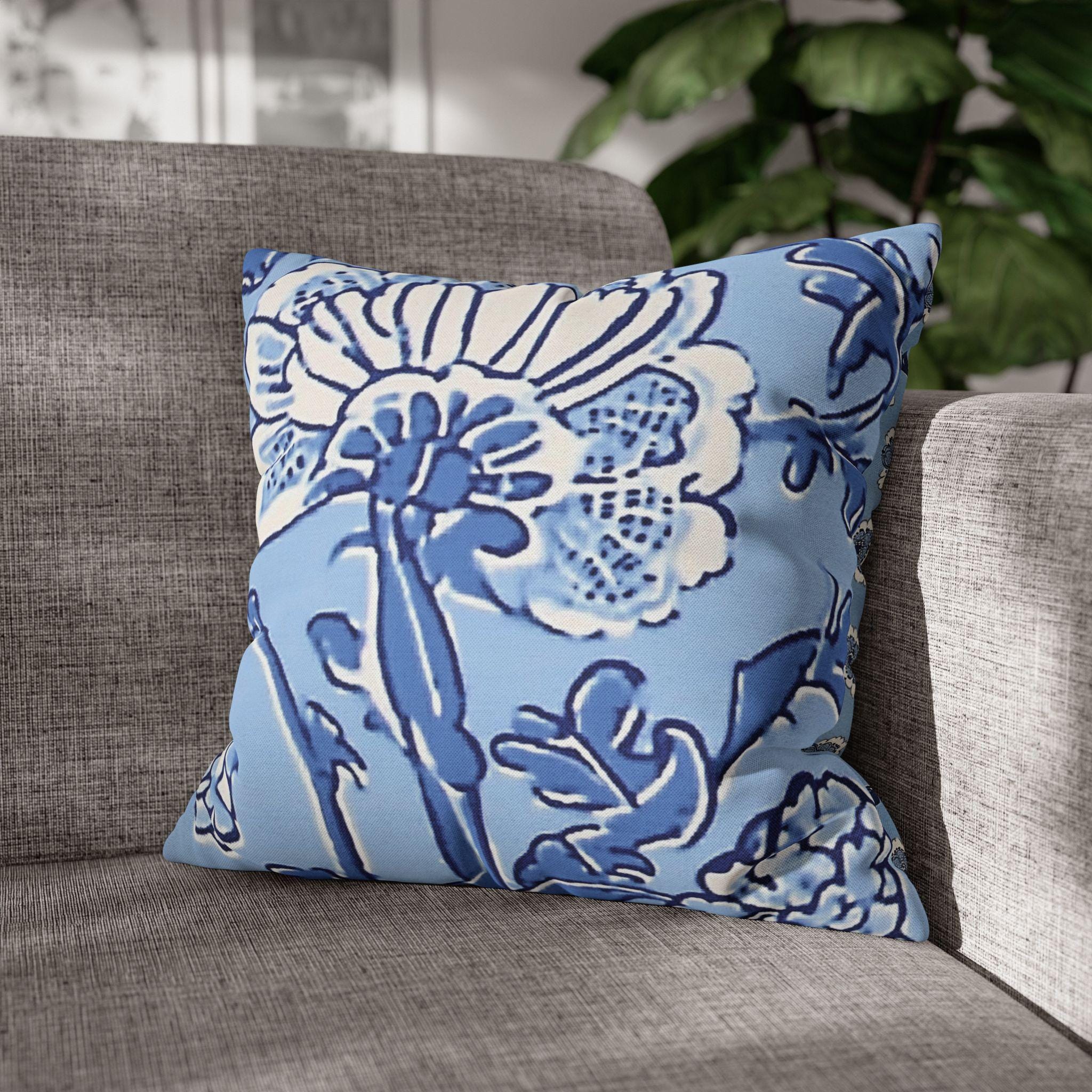 Elegant Chinoiserie Floral Pillowcase: Blue & White Square Cushion Cover for Home Decor