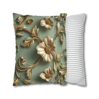 Vintage Style Floral Pillow Cover: Taupe Gold 3D Design on Sage Green