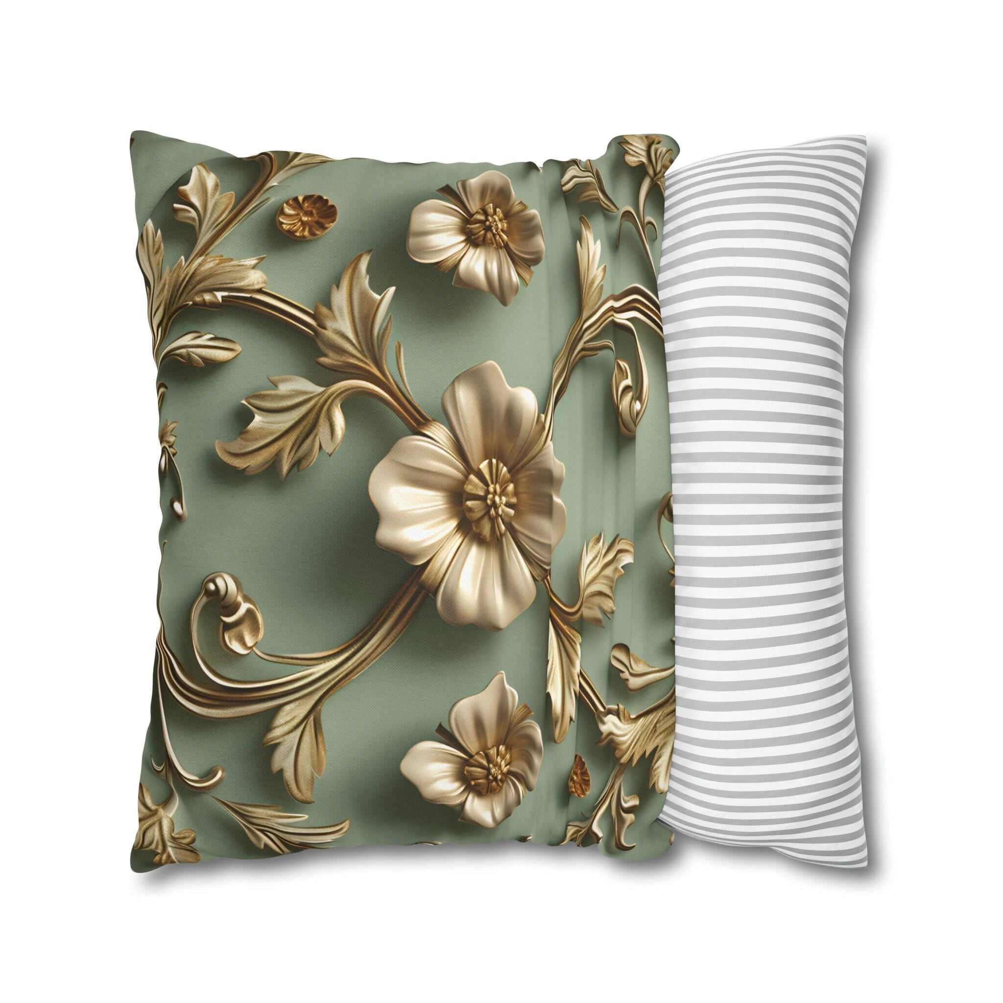 Vintage Style Floral Pillow Cover: Taupe Gold 3D Design on Sage Green