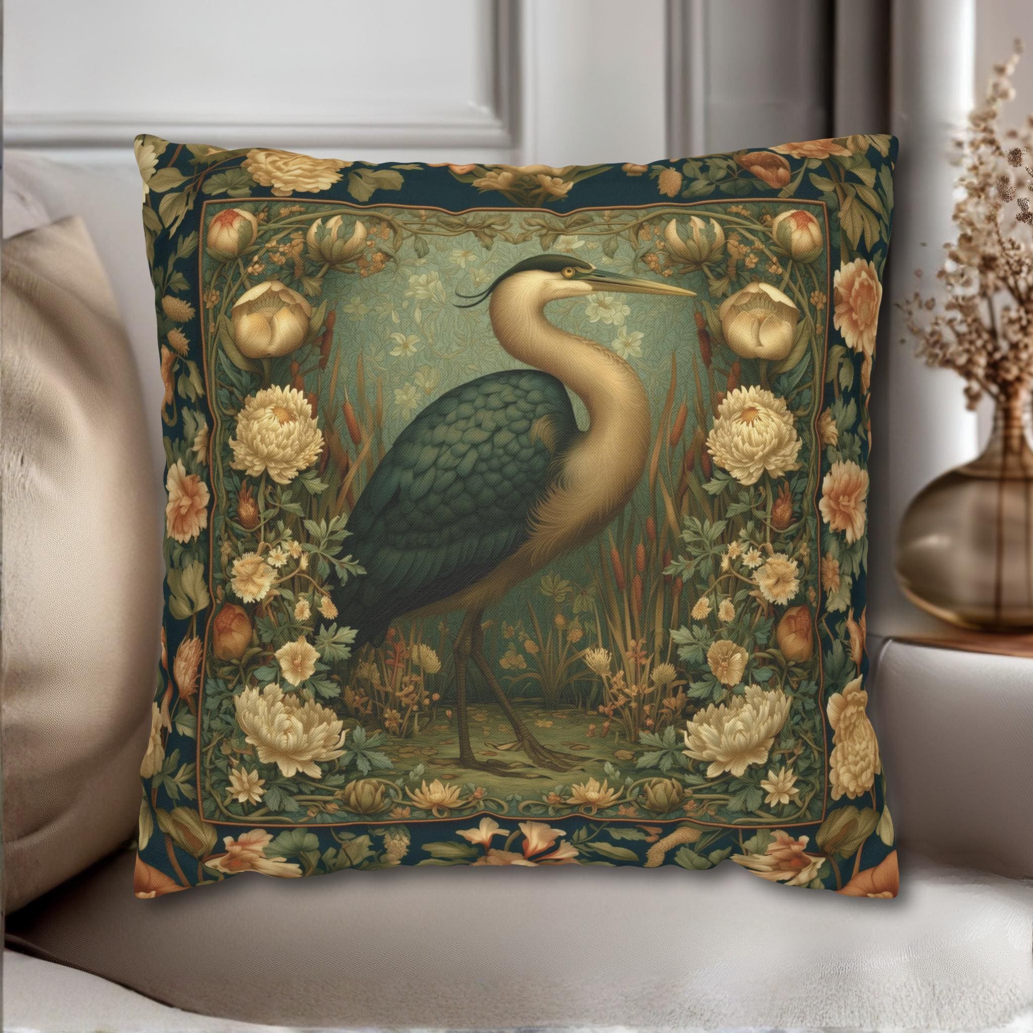 William Morris Style Throw Pillow Cover: Heron and Marsh Botanicals