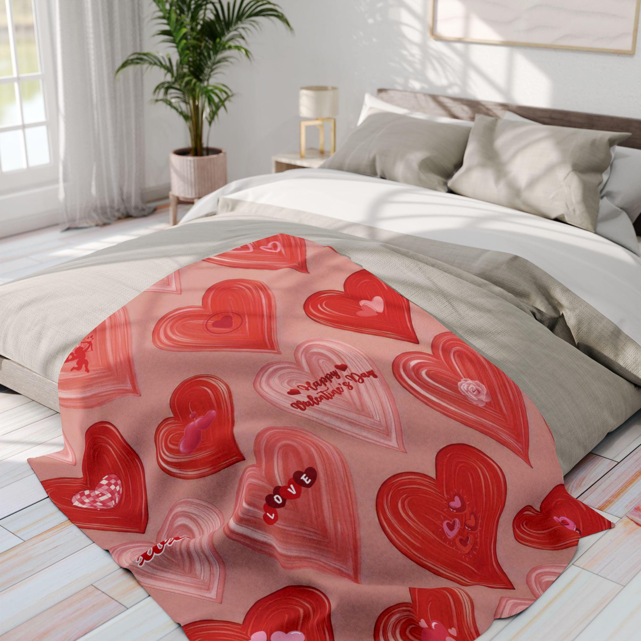 Romantic Valentine's Day Fleece Blanket: Cozy Heart & Cupid Design Throw for Love Season