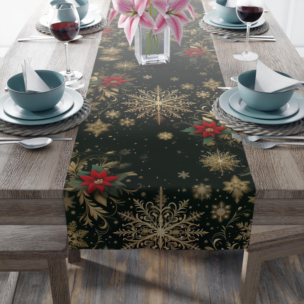 Emerald Christmas Table Runner - Gold Snowflakes and Festive Poinsettias