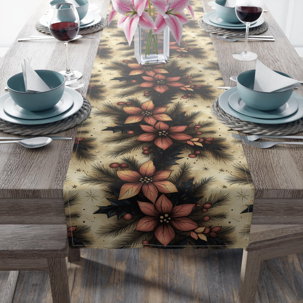 Christmas Poinsettia Table Runner Traditional Red and Green Holiday Festive Home Dining Table Decor