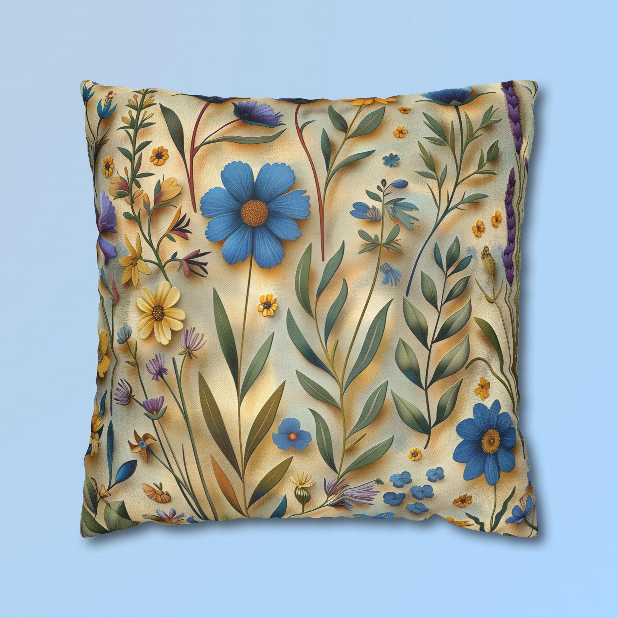 Elegant Cottagecore Wildflower Pillow Cover: Blue, Yellow & Green Floral on Beige - Housewarming Gift