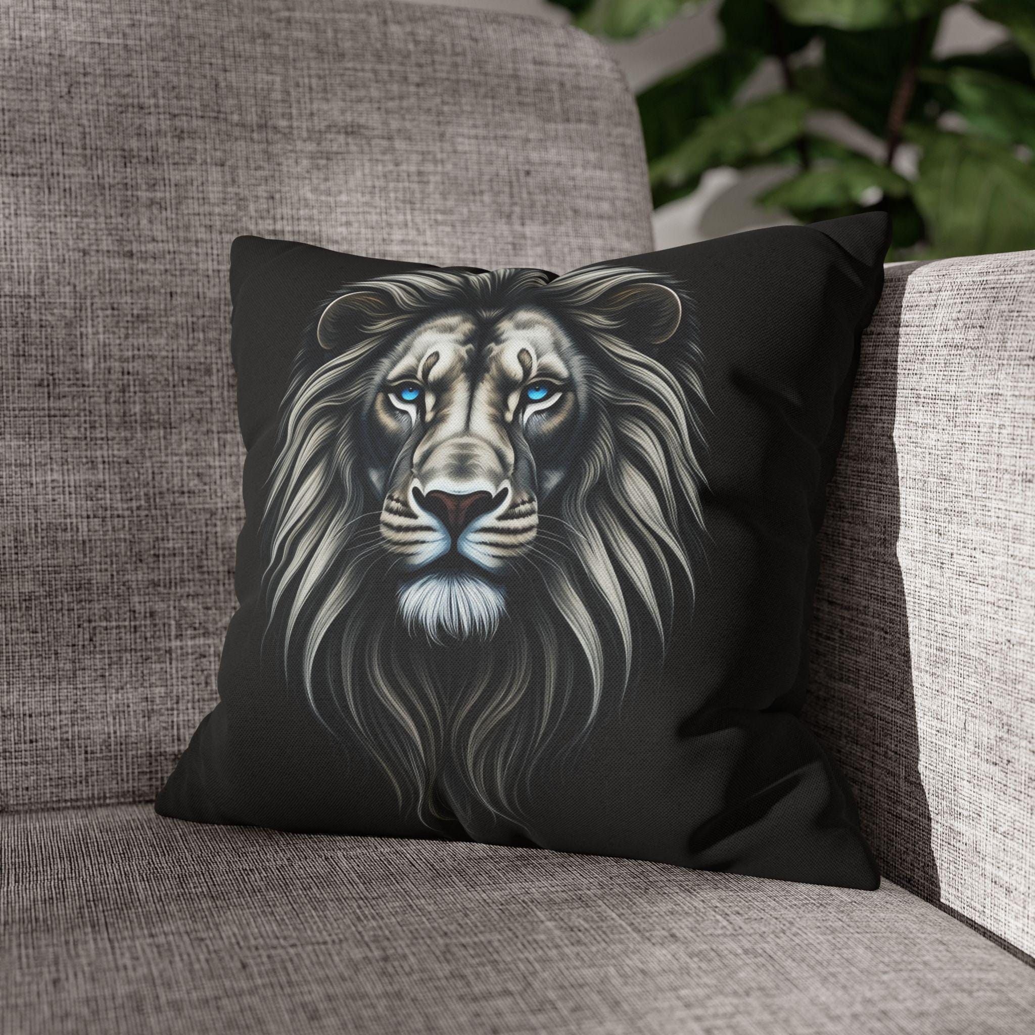Midnight Mane Lion Pillow Cover: Ice-Blue Gaze Edition