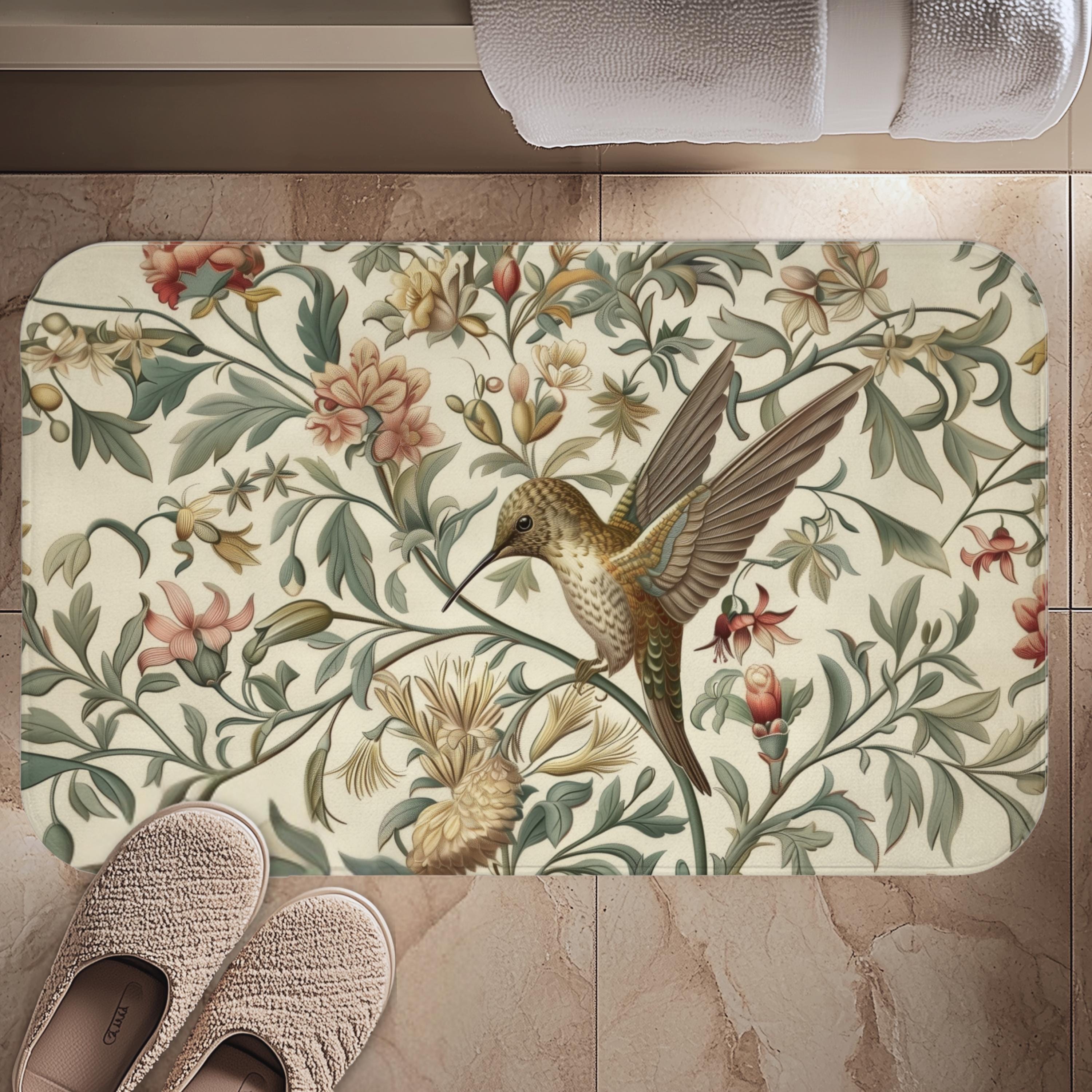William Morris Hummingbird Bath Mat: Vintage Style Botanical Bathroom Decor