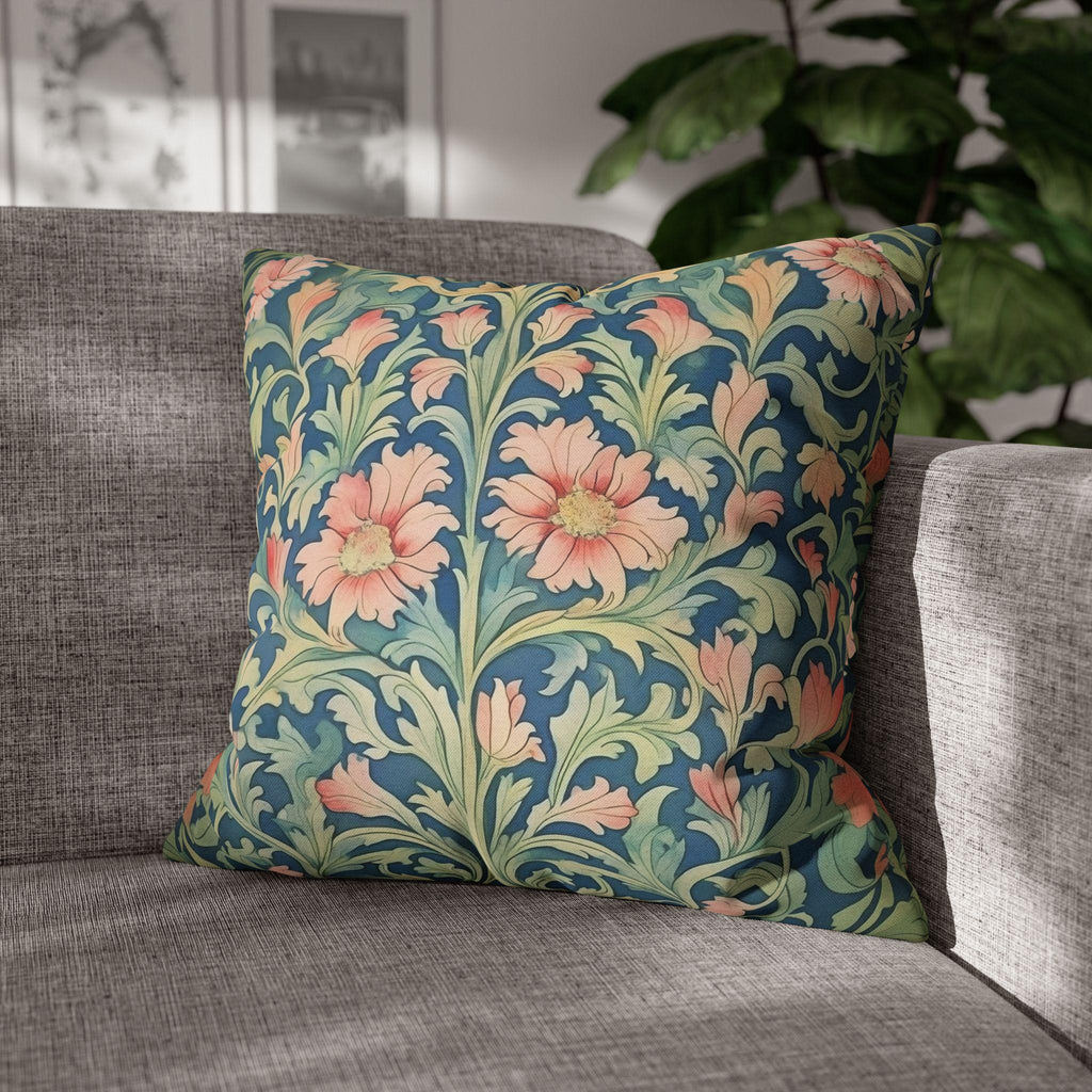 William Morris Pimpernel-Inspired Pillow Cover: Modern Blue & Coral Pink Botanical
