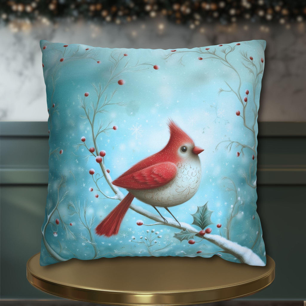 Winter Cardinal Throw Pillow Cover: Frosty Blue Holiday Bird Accent