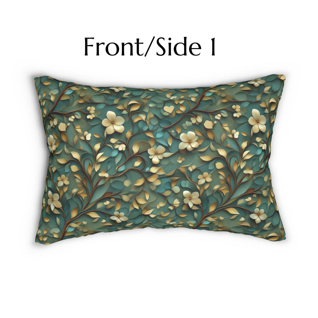 Luxurious William Morris Inspired Floral Lumbar Pillow: Green & Gold Botanical Design