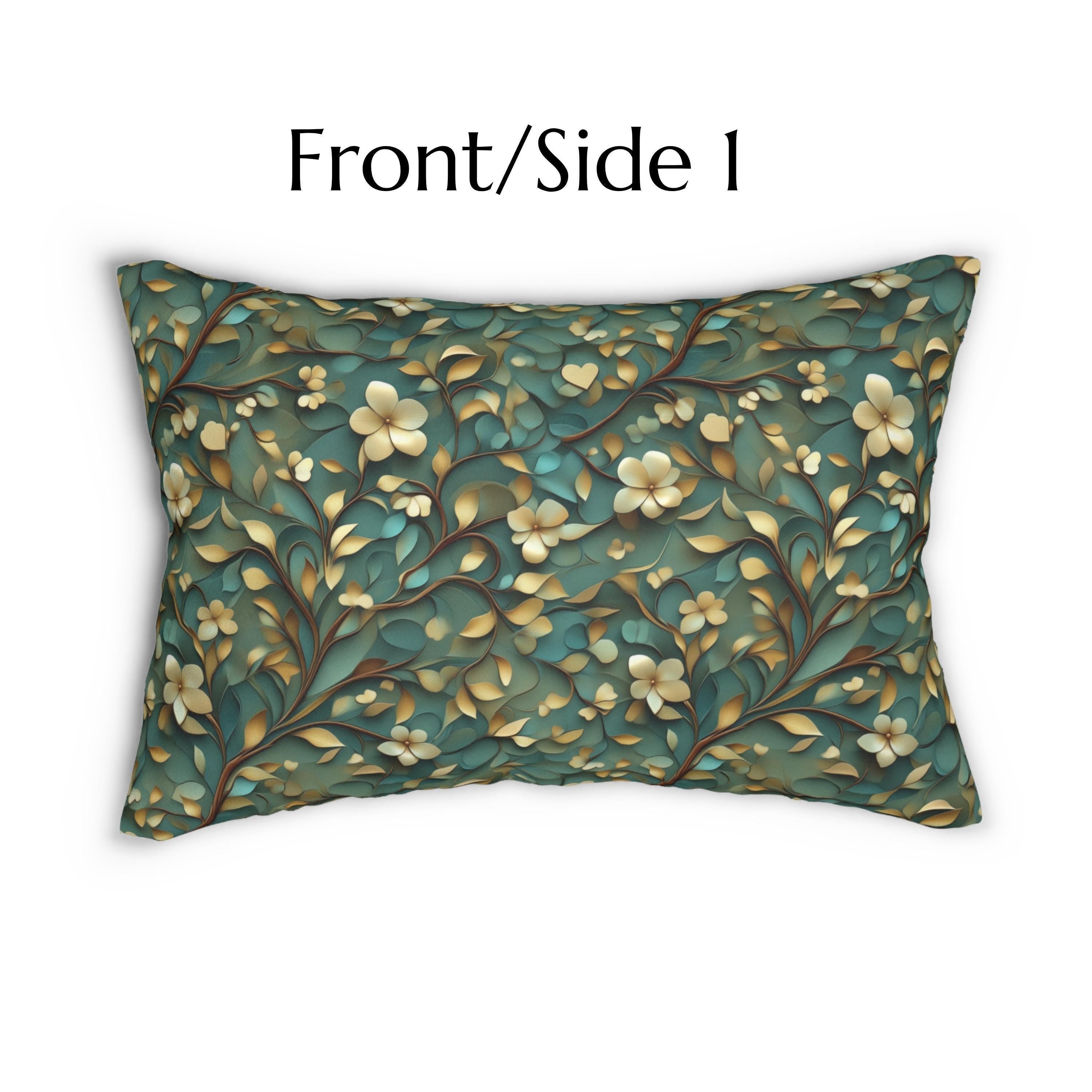 Luxurious William Morris Inspired Floral Lumbar Pillow: Green & Gold Botanical Design