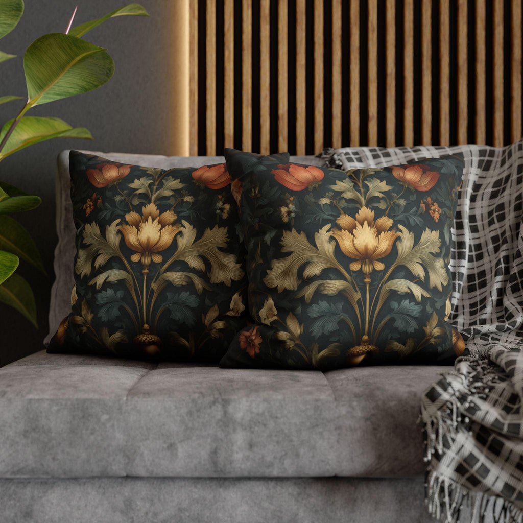 William Morris Inspired Fall Pillow Cover: Dark Teal Gold Rust Floral